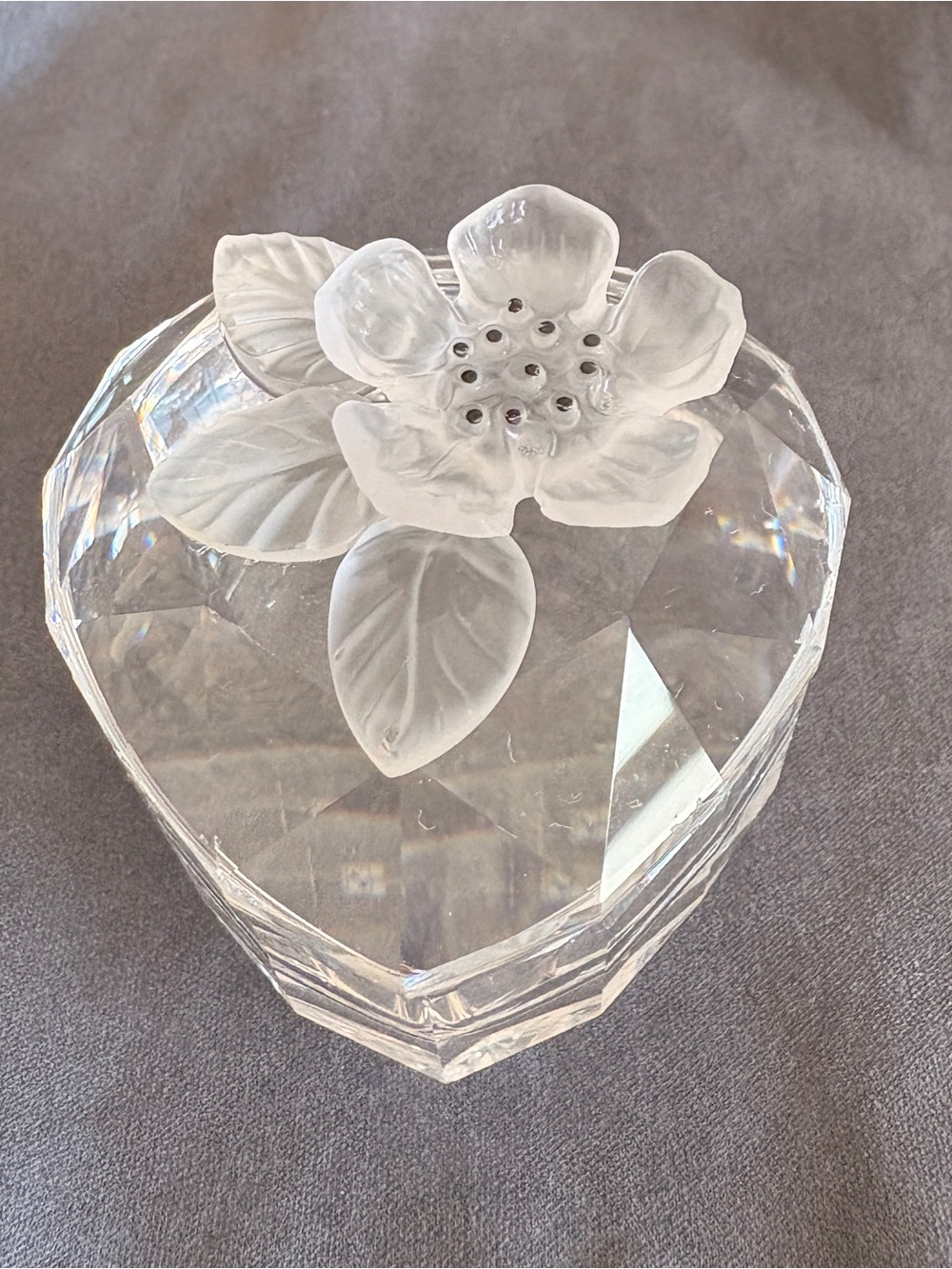 Crystal Heart Jewelry Box with Frosted Flower Lid - Clear